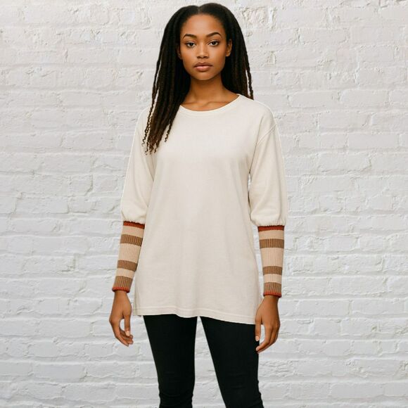 Free People Striped Ribbed Knit Long Sleeve Top Cream Size M - Picture 1 of 11